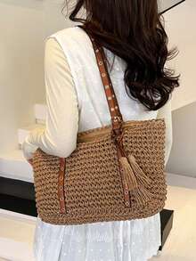 Fashion Large Capacity Woven Tassel Tote Bag, New Beach Vacation One Shoulder Underarm Straw Bag