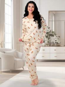 Women's Suede Print Pajamas, Trousers And Long Sleeve Top, Winter REF:PJSL - 卡其色 - 查看 1