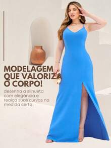 Long Plain Dress With Slit And Adjustable Straps For Wedding Party Bridesmaid Guest - 藍色 - 查看 2