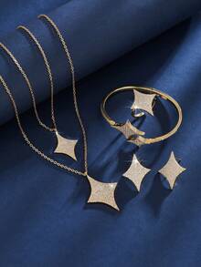 4 件套四角星镶嵌小钻石戒指、项链、耳环、手链首饰套装，极简主义特色单品，适合日常通勤佩戴 - 彩色 - 查看 2