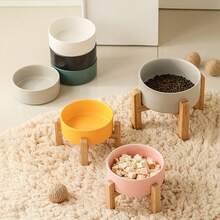 加高陶瓷猫碗加高狗碗防滑猫食碗带竹架狗粮水套装防呕吐、无压力，适合中型犬