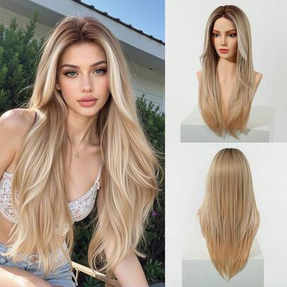 26英寸长直发际线U型蕾丝前额合成假发，女士渐变金色中分自然假发，金色渐变假发