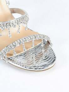 Women's Stiletto High Heel Sandals, Fashion Minimalist Strap With Rhinestone Snake Wrap Round Toe, Basic Style For Summer & Autumn - Silver - View 9