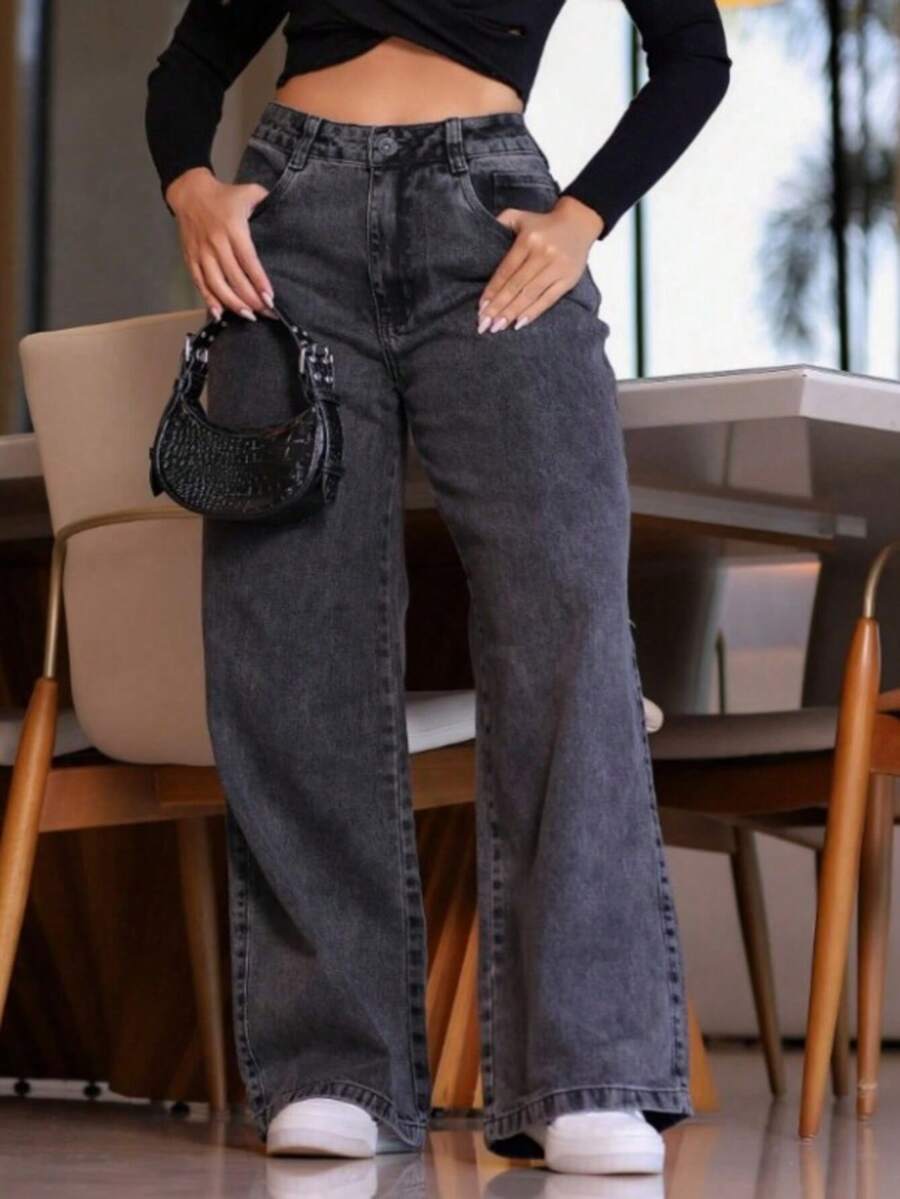 Women's Wide Jeans, Graphite, High Waist, Bumbum - Grey - View 1