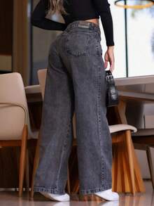 Women's Wide Jeans, Graphite, High Waist, Bumbum - Grey - View 2