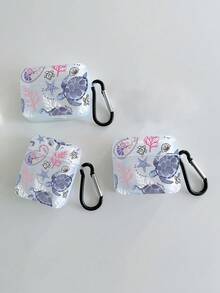 1 件海底世界海龟、海星、珊瑚印花透明耳机盒带挂钩，兼容 Apple 蓝牙耳机（仅盒子，不含耳机）