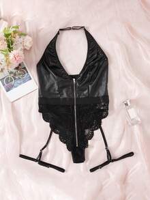 1 pieza Conjunto de lencería sexy de mujer con body de tirantes finos, escote profundo en V, parches de encaje y PU, cierre con cremallera. Adecuado para usar en casa o en fiestas. Ropa interior sexy (la forma de la cremallera se envía al azar), Rave - Negro - Ver 12