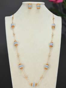 Set de 3 piezas de joyas: Pendientes con perlas en forma de huevo al estilo bohemio y medio oriental para el Ramadán, y un collar largo, como accesorios para vestidos formales de mujer