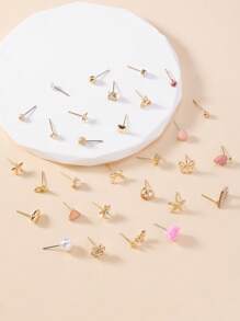 30 Pairs/Set Assorted Metal Faux Pearl Stud Earrings, Cute Minimalist Fashion Designs Including Heart, Rhinestone, Star, Square, Bow, Strawberry, Coconut Tree, Snowflake, Versatile For Daily Wear, Holiday Gift For Women
