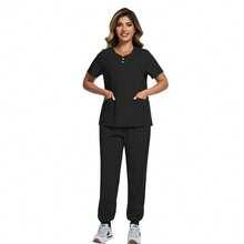 Women Healthcare Work Scrub Uniform Set, Patch Pockets V-Neck Top And Solid Color Pants, Loose Nursing Scrub Uniform Suitable For Hospital Work - Black - View 3