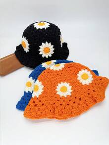 1 件女式 Y2K 手工花卉钩针编织渔夫帽，彩色镂空针织波西米亚风休闲夏季沙滩帽 - 純色五花 - 查看 3