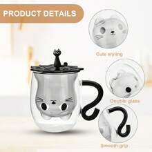 Double Wall Glass Cat Mug - Insulated Cute Coffee Cup With Handle, Holiday Gift For Women/Wife (Christmas Halloween Valentine's Mothers Day Easter) Birthday Present Idea For Cat Lovers