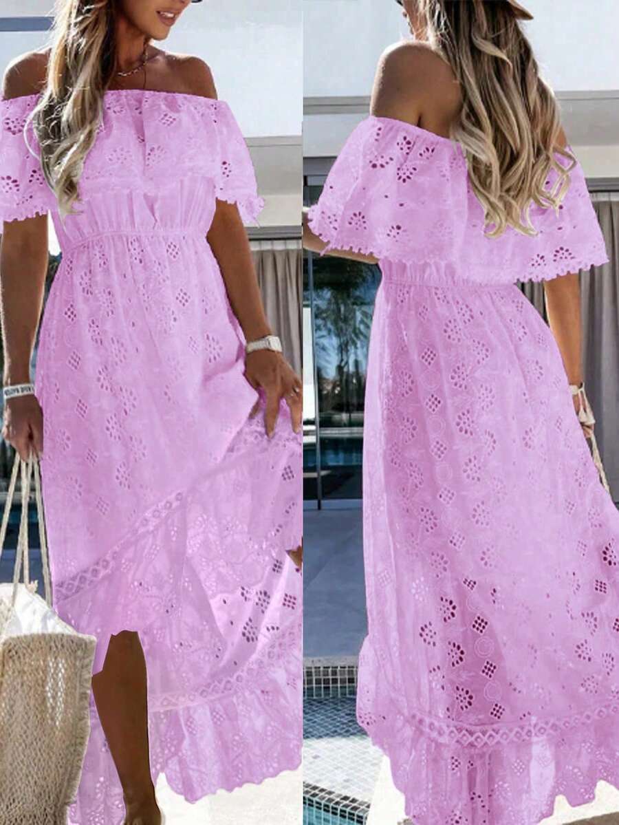 长款镂空刺绣蕾丝边露肩荷叶边下摆连衣裙，休闲度假装，波西米亚风，春夏 - 紫色 - 查看 1