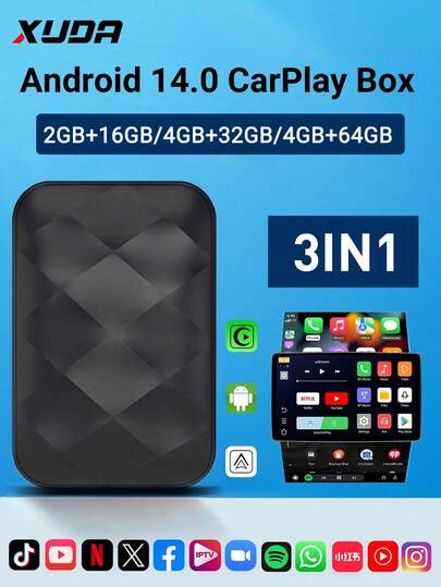 XUDA XUDA New Android 14 Wireless CarPlay And Android Auto 3-In-1 Smart Box, Quad-Core 2GB RAM+16GB ROM/4GB RAM+32GB ROM/4GB RAM+64GB ROM, Plug And Play, Built-In Apps, Supports 98% OEM Wired CarPlay Or Wired Android Auto