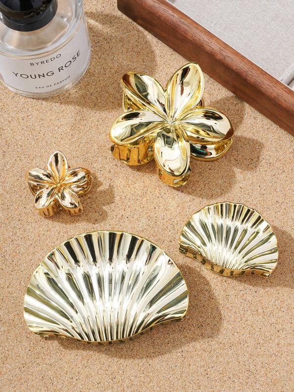 4 peças de grampos de cabelo em formato de flor de concha em cores douradas e prateadas, tamanho médio e pequeno, estilo boêmio, acessórios de cabelo para férias na praia, garras de cabelo de verão, grampos de garra, grampos de cabelo, grampos de cabelo, grampos de cabelo, prendedores de cabelo