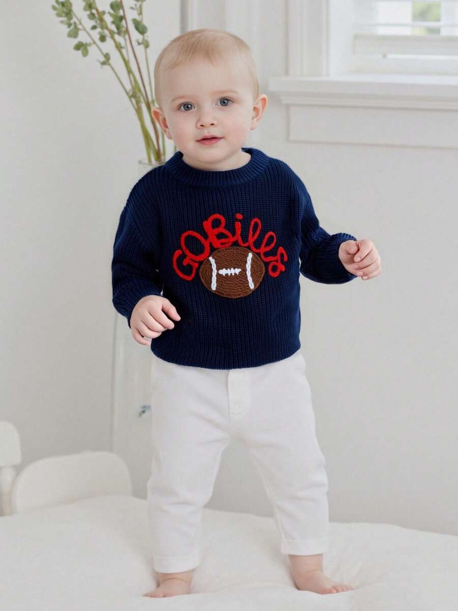 Baby Knit Sweaters Long Sleeve Round Neck Football Embroidery Pullover Toddler Fall Tops