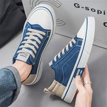 Men's Casual Canvas Sneakers - Breathable, Low-Top Lace-Up Shoes With PVC Sole, Fashionable Blue And White Design For Casual Attire