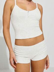 Women Pajama Set Solid Scoop Neck Crop Cami Top Low Rise Mini Shorts 2 Piece Sleepwear Outfit