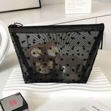 Niche INS Net Flocked Heart Shaped Toiletry Bag, Large Capacity Breathable Cute Travel Makeup Pouch