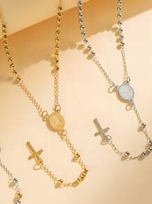 1 Stück elegante minimalistische Edelstahl Kreuz Kette mit 59 Stücke 3mm Stahl Perle Rosenkranz, geeignet für Herren und Damen Alltags Tragen