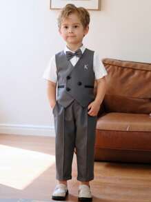 3 Peças Conjunto de Terno Formal para Meninos Jovens: Colete + Calça Longa + Gravata Borboleta Combinando, Roupas para Festa/Casamento/Eventos/Cerimônia, Estilo Cavalheiro, Verão