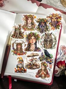 16pcs Watercolor Pumpkin Witch/ Autumn Forest Wizard Magician Sticker DIY Craft Scrapbooking Album Junk Daily Planner Decorative Planner Diary Vintage Stationary Suitable For Clippings, Diaries, Laptops, DIY Crafts, School Supplies,Back To School