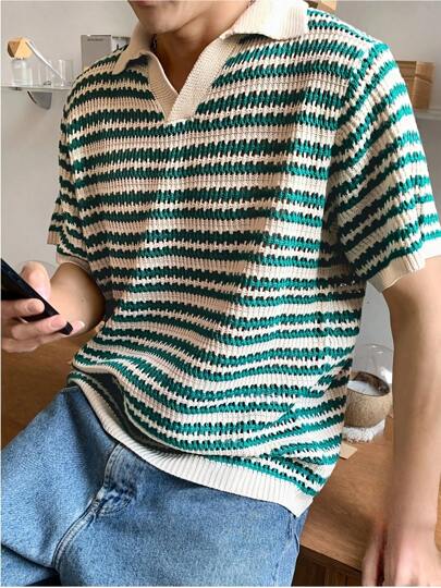 Men's Green And White Striped Knitted Sweater - Thin Casual Shirt For Summer
