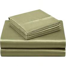 4 Piece Satin Sheets Twin Size Silky Smooth Beige Sheet Set With Deep Pocket, Fitted Sheet, Flat Sheet, 2 Pillowcases, Luxury Comfort - 橄欖綠 - 查看 7