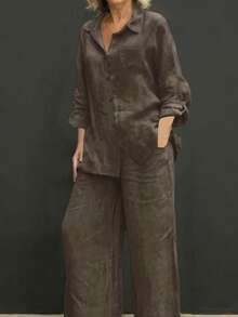 Slim-Fit Polo Collar Casual Cardigan, Versatile Solid-Color Stylish Shirt For The Beach, Everyday Wear, Work, Soft And Comfortable Fabric; Loose-Fitting Elastic-Waist Pants - 全麥咖啡 2 - 查看 8
