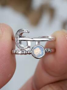 1 pièce Bague ouverte femme à la mode et mignonne avec design de ligne creuse de lune et lapin, pierre CZ. Convient pour date, soirée, anniversaire, vacances
