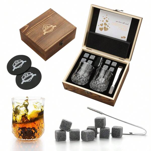 Pierres à Whisky Coffret Cadeau en Verre à Whisky Pierres Froides à Whisky dans Une boîte en Bois Faite à la Main - Cool sans Dilution - Lot de 2 Verres à Whisky,Cadeau pour Papa Mari Homme (Ronde)