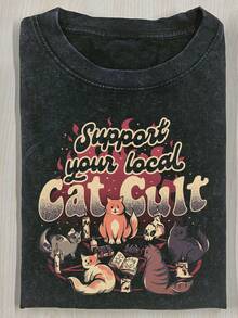 230g Washed, Happy Cat World Printed T-Shirt, High-Quality Wax Printed Cotton Retro Fashion Brand T-Shirt, Men's T-Shirt, Beach Must-Have, Men's Summer T-Shirt, Holiday Gift, Perfect Gift - 黑色 - 查看 1