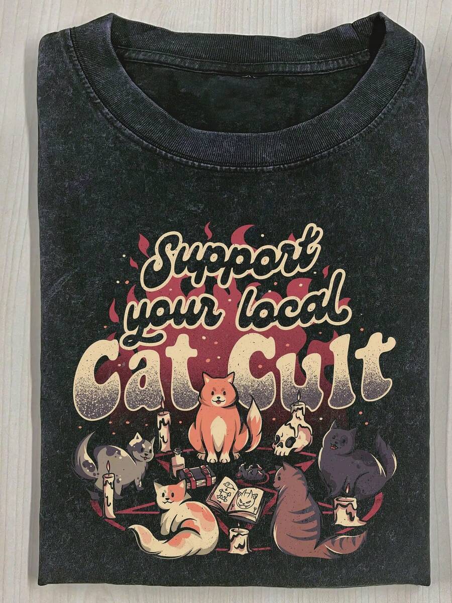230g Washed, Happy Cat World Printed T-Shirt, High-Quality Wax Printed Cotton Retro Fashion Brand T-Shirt, Men's T-Shirt, Beach Must-Have, Men's Summer T-Shirt, Holiday Gift, Perfect Gift - 黑色 - 查看 1