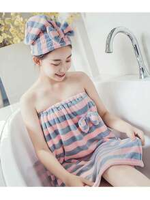 Striped Bath Robe Towel, Thick Soft Adult Shower Highly Absorbent Quick Drying Anti-Bacterial Gentle Skin-Friendly Fashionable Back To School - Blue and Pink Stripes - View 3