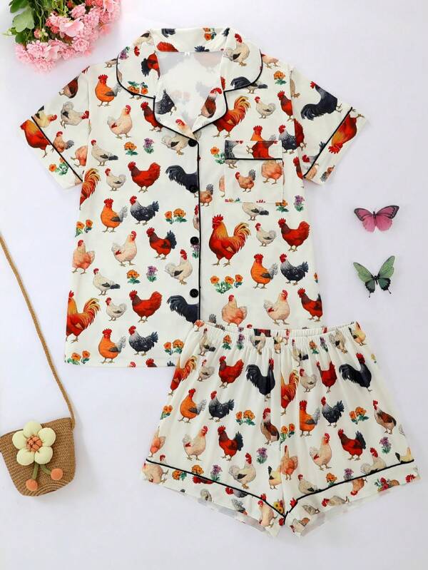 2pcs Set Women Summer Casual Short Sleeve Pajamas, Lapel Button Short Sleeve Top And Loose Elastic Shorts, Cartoon Animal Chicken Pattern, Comfortable & Loose, Suitable For All Seasons, Homewear