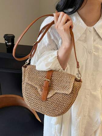 Nouveau sac à épaule tressé de paille mode, sac bandoulière selle pour femmes, polyvalent et élégant