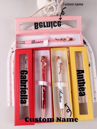 1PC Metal Crystal Pen Spot Wholesale Color Flower Clip Sequin Rhinestone Metal Pen Ballpoint Pen Laser Engraving Ballpoint Pen Gift Boxed Gift Giving Festival Mother's Day Father's Day Teacher's Day Personalized Text Name Customization,Back To School,School Supplies,Christmas Gift Supplies