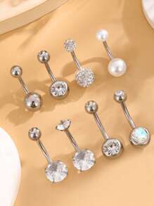 4 قطع أقراط سرة من الفولاذ المقاوم للصدأ المرصعة بالراين ستون، مجوهرات بسيطة لثقب البطن للنساء