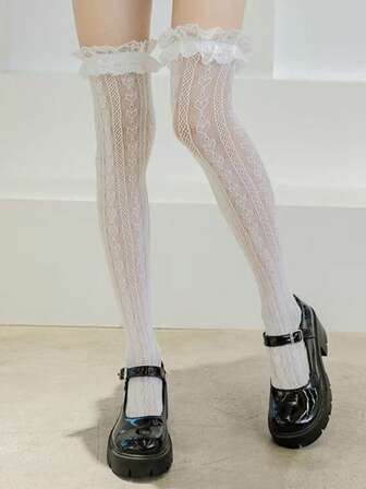 1双女士心形蕾丝过膝长筒袜，荷叶边蝴蝶结，圣诞礼物