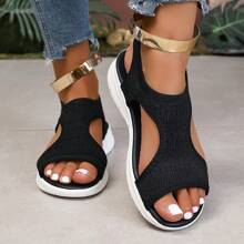 Sandalias deportivas de punto, sandalias con suela gruesa en blanco y negro, sandalias de estilo bohemio de bloques de color tejidas y caladas, calzado casual de estilo vacacional para mujer, sandalias de suela blanda para playa y verano