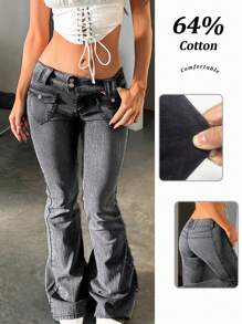 Fall Women's Elegant Denim Zipper Pocket Button Flared Jeans For Back To School