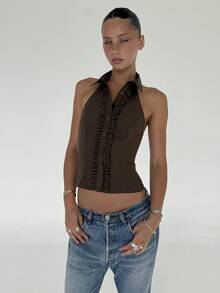 Women Button Down Halter Shirt Y2k Ruffle Collared Halter Top Backless Lapel Collared Sleeveless Button Up Shirt - Màu nâu - Xem 1