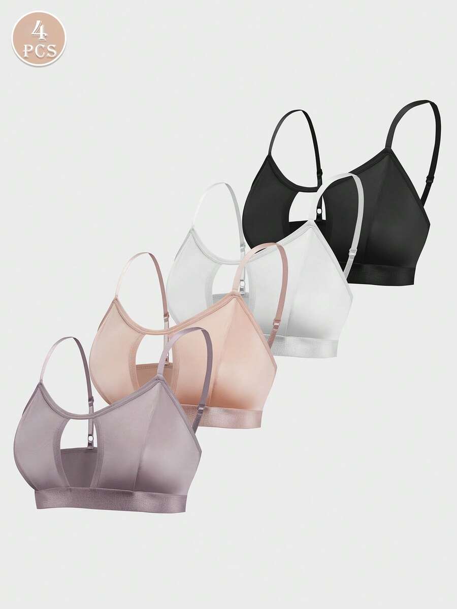 4 件套休闲舒适简约成熟魅力优雅针织镂空多色内衣文胸（无衬垫），四季皆宜