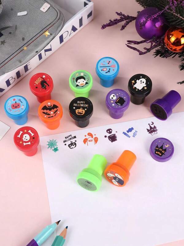 24/12 piezas - Sellos autentintables de Halloween, para obsequios de fiesta, rellenos de dulces de Halloween, accesorios de Halloween para juegos de búsqueda de dulces de Halloween, regalos de cumpleaños, premios de carnaval, bolsas sorpresa, sellos de maestros, accesorios de Halloween, regreso a la escuela, útiles escolares de maestros