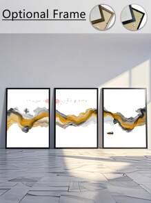 Juego de 3 piezas, con/sin marco, pintura impresa de alta calidad, estilo moderno, paisaje chino, elementos de tinta, líneas abstractas, amanecer y atardecer, pájaros, barcos, el sol, montañas, póster artístico, decoración de hogar, pintura decorativa, adecuado para sala de estar, sofá, cama, pasillo, dormitorio, baño, oficina, regalo artístico perfecto