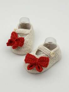 1 Pair Handmade Knitted Infant Shoes With Bow, Non-Slip Socks Shoes - Beige - View 1