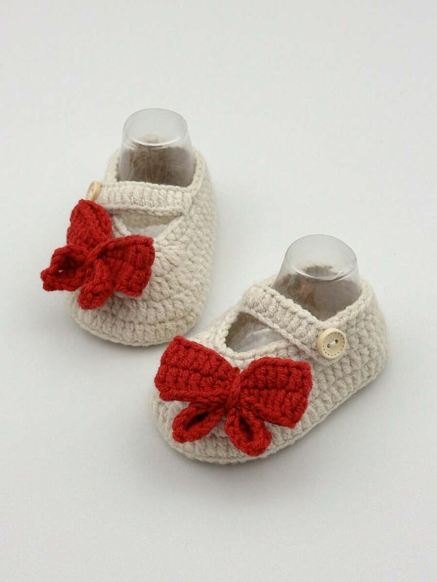 1 Pair Handmade Knitted Infant Shoes With Bow, Non-Slip Socks Shoes - Beige - View 1
