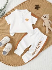 2 Stück Jungen Lässig Outfit Set: Kragen Halb Zip T-Shirt mit Applikationen Dekor & Sport Stil Hose mit Gummibund, Frühling/Herbst