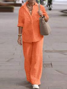 Áo khoác cardigan cổ polo nhẹ, kiểu dáng thanh lịch, màu trơn, phù hợp cho đi biển, mặc hàng ngày, đi làm, đi mua sắm, chất liệu mềm mại và thoải mái, quần ống rộng cạp chun, bộ 2 món, thích hợp cho mùa xuân/hè/thu. - trái cam - Xem 3