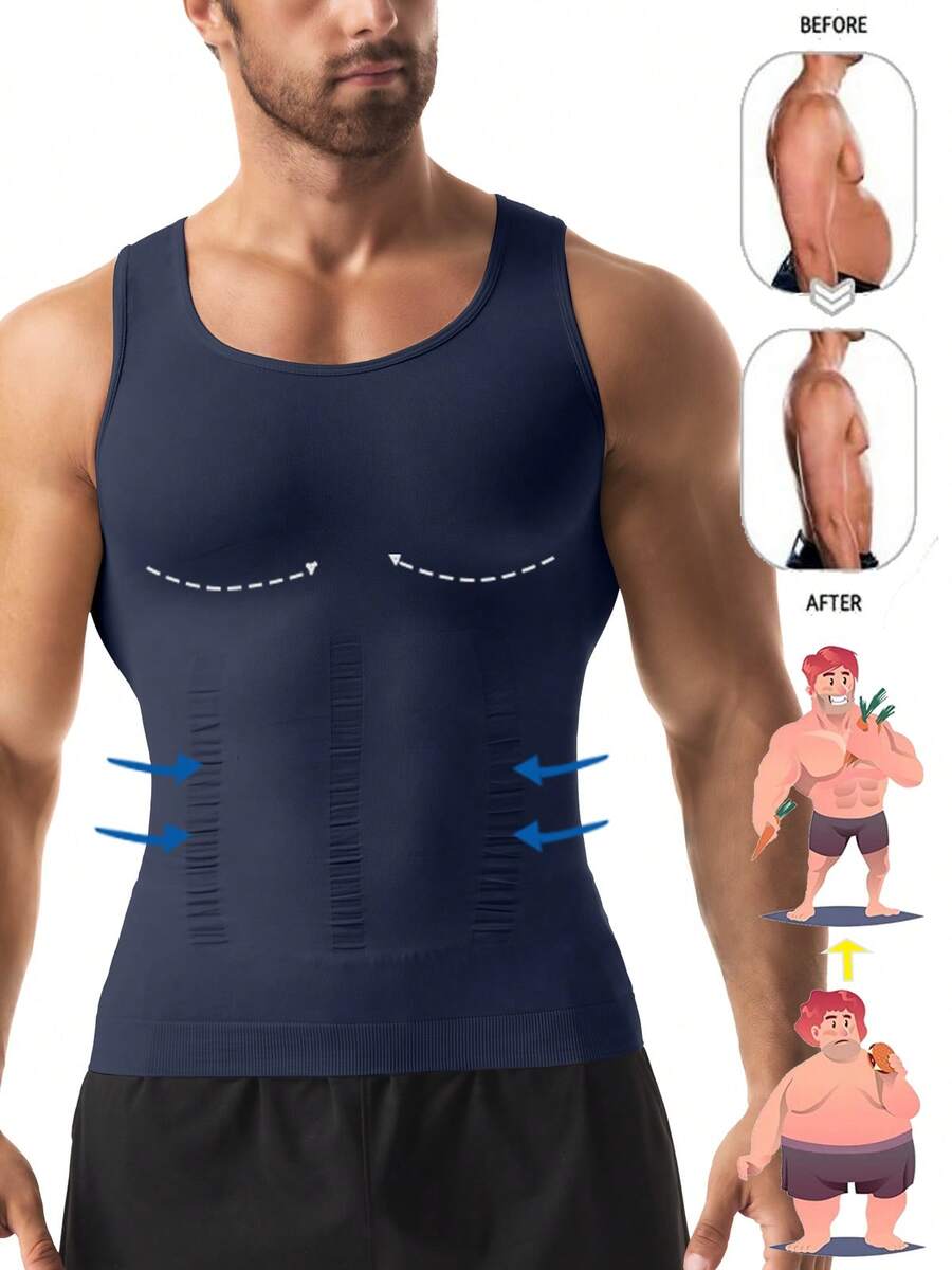 Men Slimming Body Shaper Chest Compression Shirts Tummy Control Shapewear Abs Abdomen Slimming Vest Waist Trainer Corset Tank Tops Blue - 藏蓝色 - 查看 1